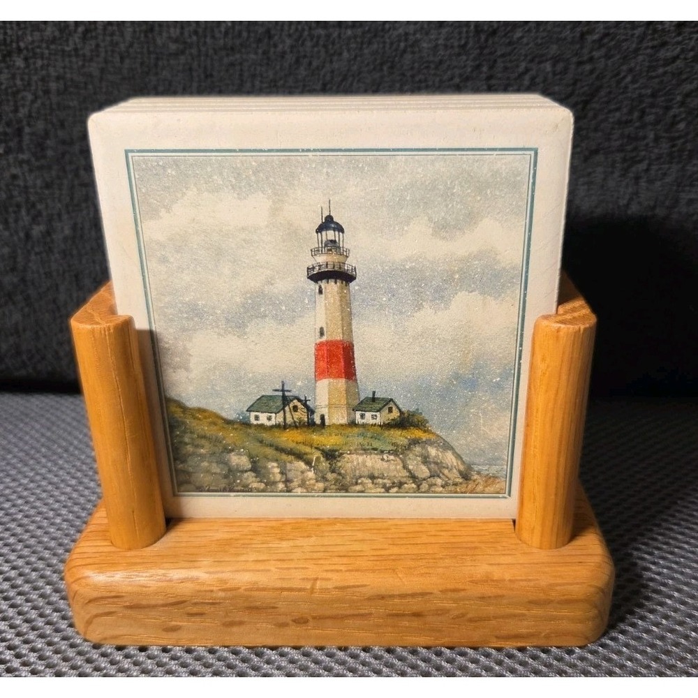 set 4 Lighthouse Absorbent Tile Coasters ceramic/wood